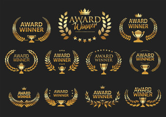Award Winner emblem collection of gold laurel wreath isolated on black background 