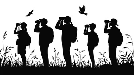 Group of diverse people silhouettes birdwatching with binoculars in a grassy field