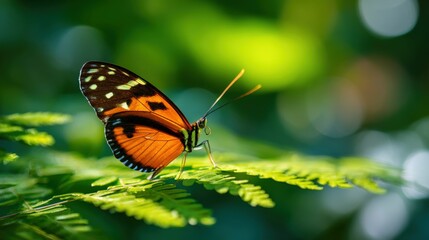 Obraz premium Vibrant butterfly perched on green fern leaf in lush natural forest environment.