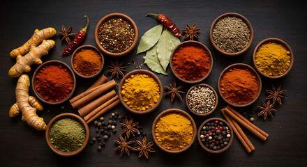 Aromatic spices arranged in bowls, showcasing vibrant colors and textures on a dark background.