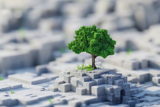 Young green tree growing digitally in a voxel-style environment