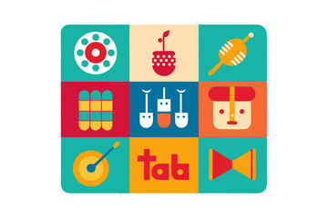 Colorful grid of flat icons featuring various objects and symbols