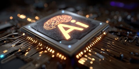 Advanced artificial intelligence chip with neural network diagram and glowing circuitry.