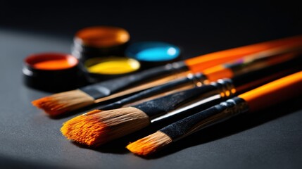 Close-up of various paintbrushes with colorful paint lids arranged on dark surface.