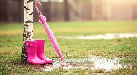 Pink polka dot umbrella and rain boots by birch tree puddle; whimsical, cheerful spring rain scene.