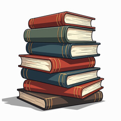 Stack of Colorful Books Illustration with Red, Blue, Green and Brown Covers, Gold Accents, Cartoon Style