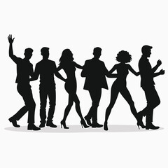 Fototapeta premium Silhouette of a Group of People Dancing and Celebrating Together in a Line, Vector Illustration