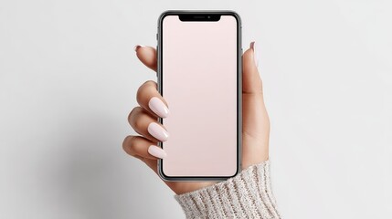 Modern hand holding smartphone with blank screen in front of a plain white background.