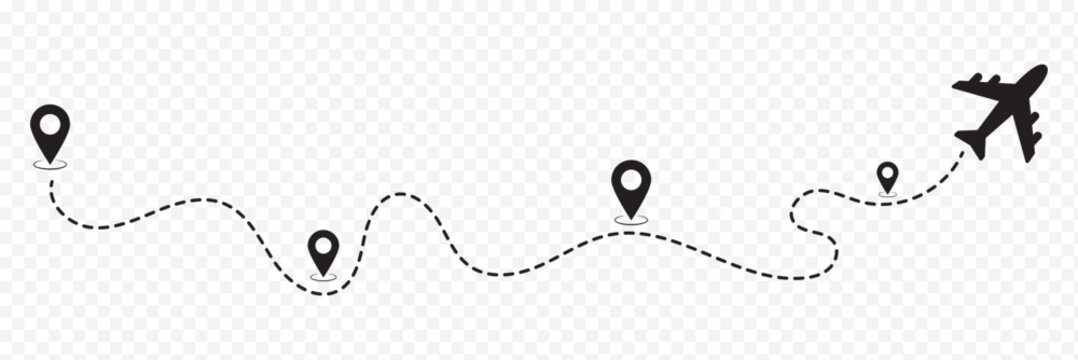 Airplane line path route travel vector concept. Plane routes dotted paths aircraft travel route start point flight destination black airplane. 