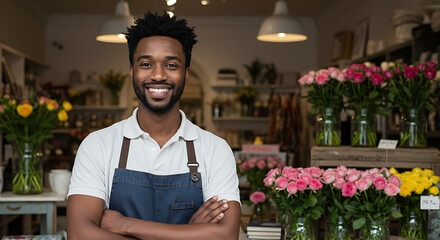 Smiling florist stands proudly in his flower shop, arms crossed, ready for business.