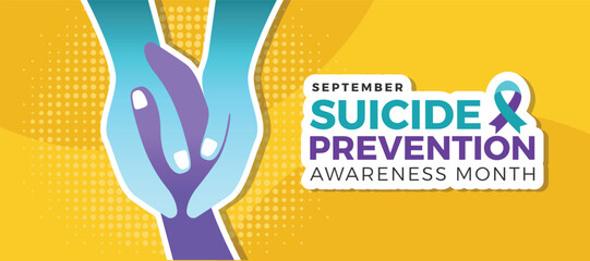 Suicide prevention awareness month - Teal and purple hands hold care hand symbol on dot texture yellow background vector design