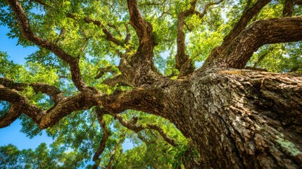 Fototapeta premium Majestic Elderly Tree with Thick Gnarled Branches and Lush Green Leaves.