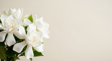 Fototapeta premium Close up of Gardenia flowers with green leaves on a beige background perfect for wedding invitations and floral designs