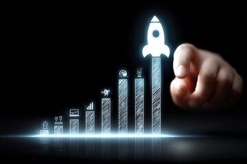 Digital Growth and Success Concept with Rocket Launching Over Increasing Bar Graphs.