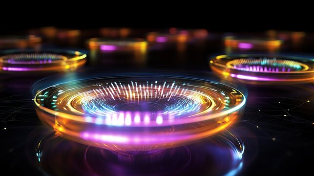 Stunning HUD with spinning circular holographic displays projecting interlocking data vortices