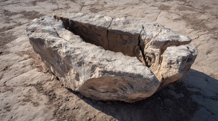 Large ancient stone basin with cracks and rough surface resembling a natural formation.