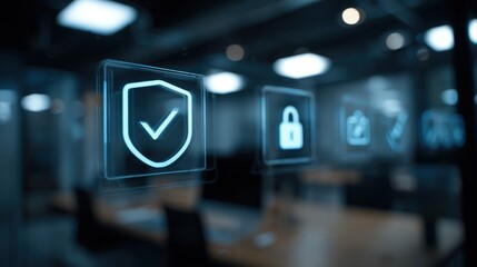Modern digital security icons on glass screen with shield lock and verification symbols.