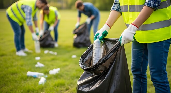 People volunteer to clean up the park, collecting plastic bottles and trash to make environment cleaner and a better place in nature.