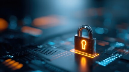 Close-up of a glowing padlock symbol on a digital circuit board representing cybersecurity protection.