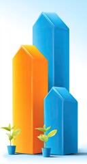 Three colorful upward-pointing bar graphs with small potted plants at their bases
