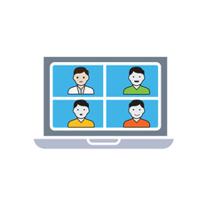 Remote Work. Video conference icon. Monitor screen divided into 4 avatar faces. collaboration. Flat design style
