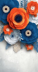 Colorful paper flowers, vibrant colors, textured background