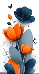 Vibrant orange and navy flowers with grey leaves, speckled with small details on a white background.  A butterfly adds a touch of whimsy