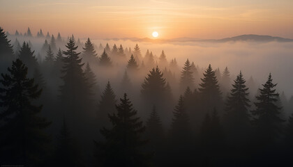 Serene sunrise illuminates a foggy forest, casting a golden glow over the trees and creating a tranquil atmosphere.