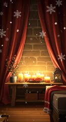 Cozy Christmas Eve scene:  Burning candles, berries, lantern, and falling snow illuminate a rustic wooden table near a warm, inviting bed.