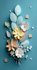 Pastel paper flower bouquet on teal background