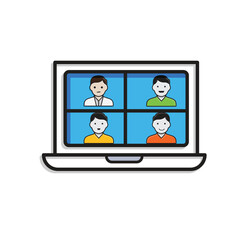 Remote Work. Video conference icon. Monitor screen divided into 4 avatar faces. collaboration. Mixed design style