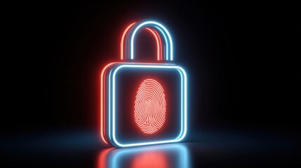 Neon illuminated padlock with fingerprint scanner in vibrant glow on dark background.