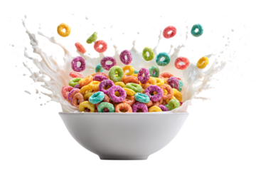 Colorful cereal rings splashing into milk in a white bowl isolated on transparent background
