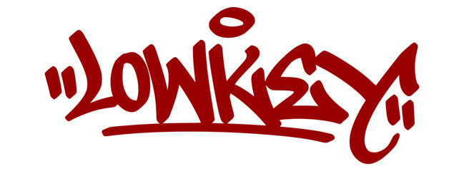 Subtle red graffiti tag "Lowkey" with smooth drip lines and transparent background. Gen Z slang for something quiet, secret, or chill.