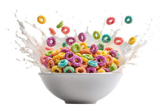 Colorful cereal rings splashing into milk in a white bowl isolated on transparent background - Powered by Adobe