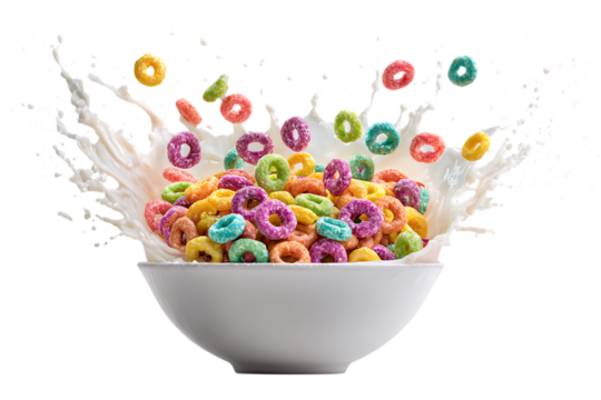 Colorful cereal rings splashing into milk in a white bowl isolated on transparent background