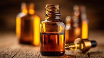 Close up of small amber glass bottles with dropper and liquid on wooden surface.
