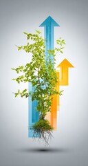 Growing tree with upward arrows, symbolizing growth and progress