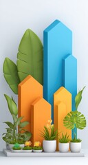 Geometric display with plants, orange and blue shapes, minimalist style