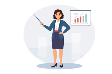 Business Presentation: A confident businesswoman leads a presentation, using a pointer to highlight key data and insights displayed on a modern digital board. 