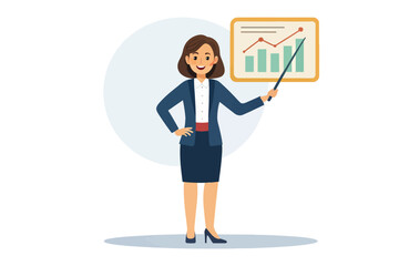 Business Presentation: A confident businesswoman delivers a clear and insightful presentation, using a pointer to highlight key data on a growth chart, demonstrating expertise in business analytics.