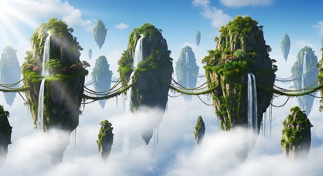 Enchanted Floating Islands A Fantasy Landscape of Lush Vegetation and Cascading Waterfalls