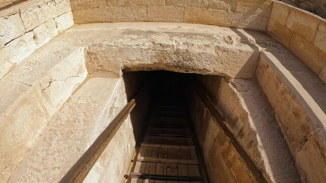 POV approach of small angled passage into underground Egyptian tomb