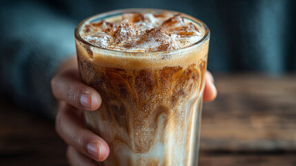 A hand holding a glass of iced coffee with milk on a wooden table in a blurred background scene