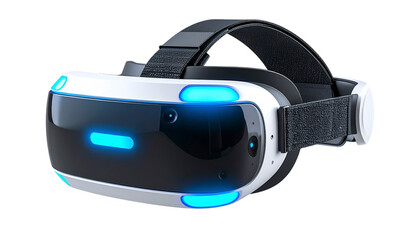 Fototapeta premium A sleek wireless VR headset with glowing blue accents, isolated on a transparent background, high-detail product render isolated on solid white background