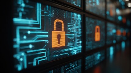 Digital Security Locks and Data Protection Concept with Circuitry and Padlock Icons.