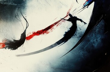 Abstract painting with dark, flowing shapes, vibrant red and black brushstrokes on a light background