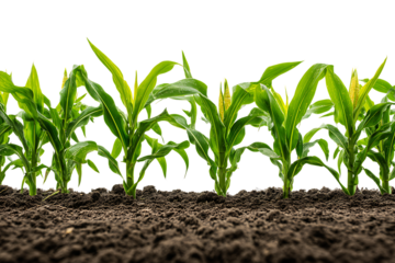 Young corn plants growing in rich soil isolated on transparent background