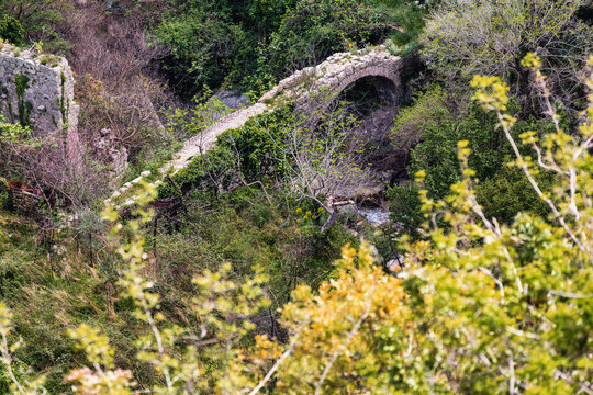 Ancient stone bridge over canyon stream surrounded by dense vegetation in Old Bar, Montenegro
