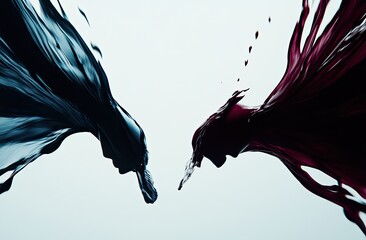 Two abstract figures, dark blue and deep red, in mid-motion, appear to interact against a light background
